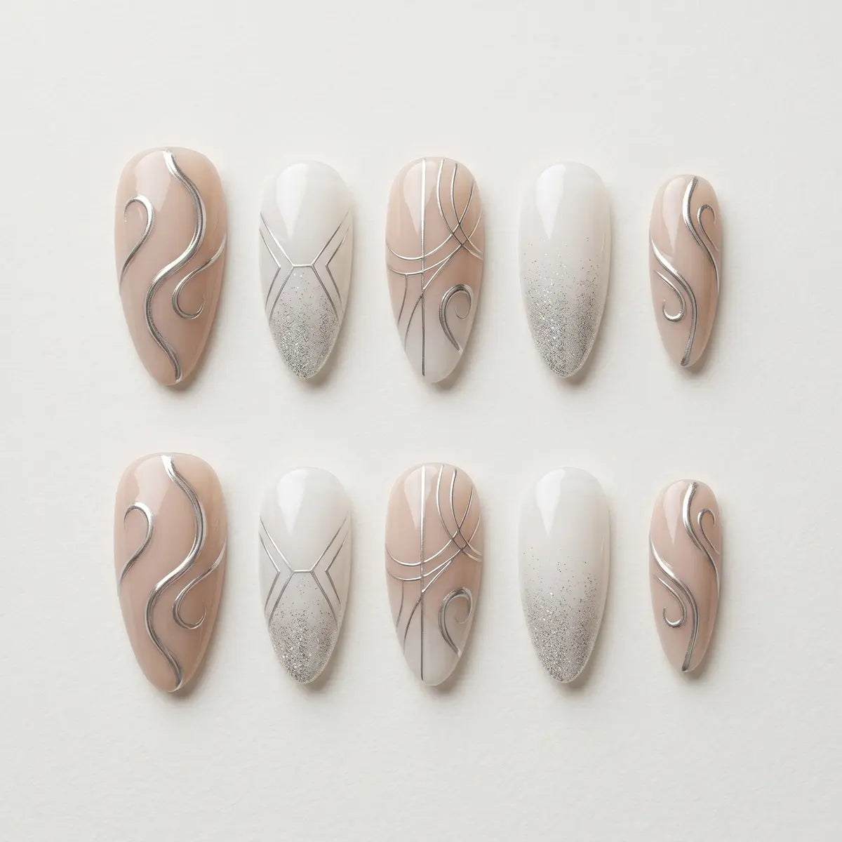 nude white hand painted almond press on nails silver swirl glitter flat lay 04