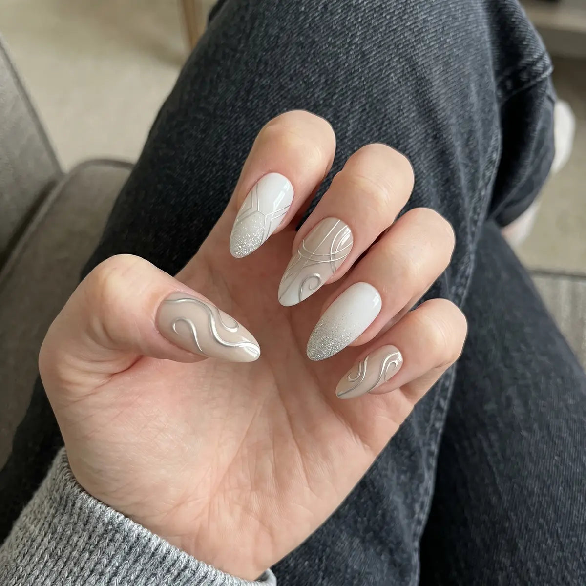 nude white hand painted almond press on nails silver swirl glitter mockup 01