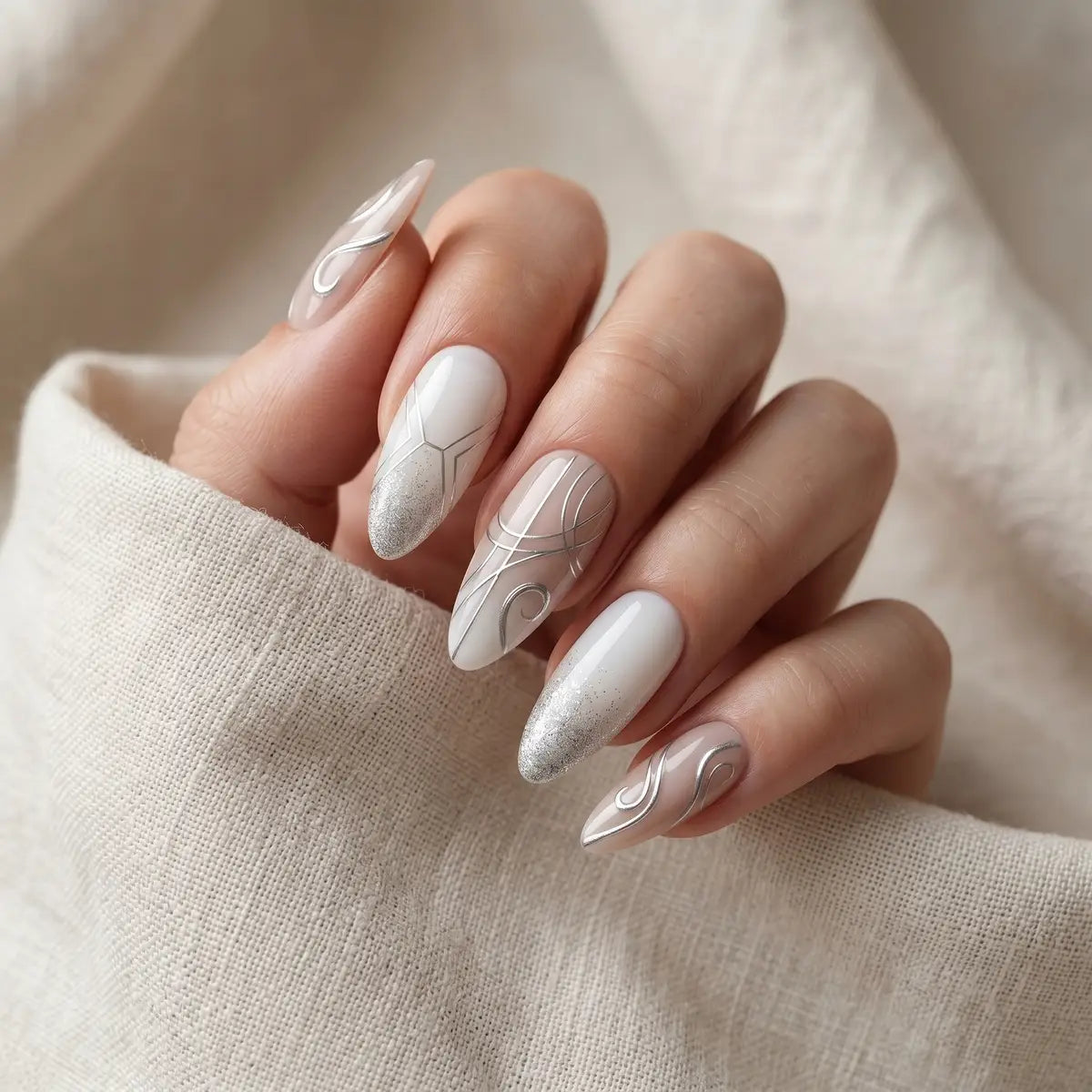 nude white hand painted almond press on nails silver swirl glitter mockup 05