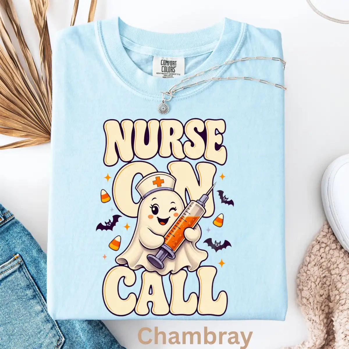 Moss Comfort Colors T-shirt with Nurse On Call Syringe Ghost - Medical Halloween Comfort Colors T-Shirt Halloween artwork