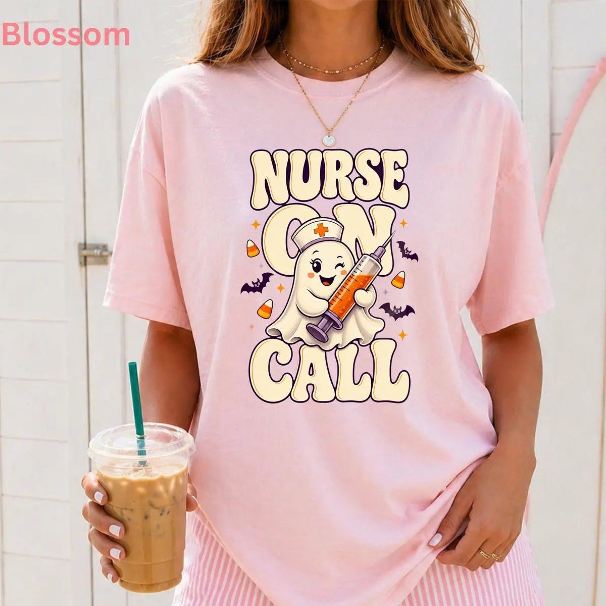 Orchid Comfort Colors T-shirt with Nurse On Call Syringe Ghost - Medical Halloween Comfort Colors T-Shirt Halloween artwork
