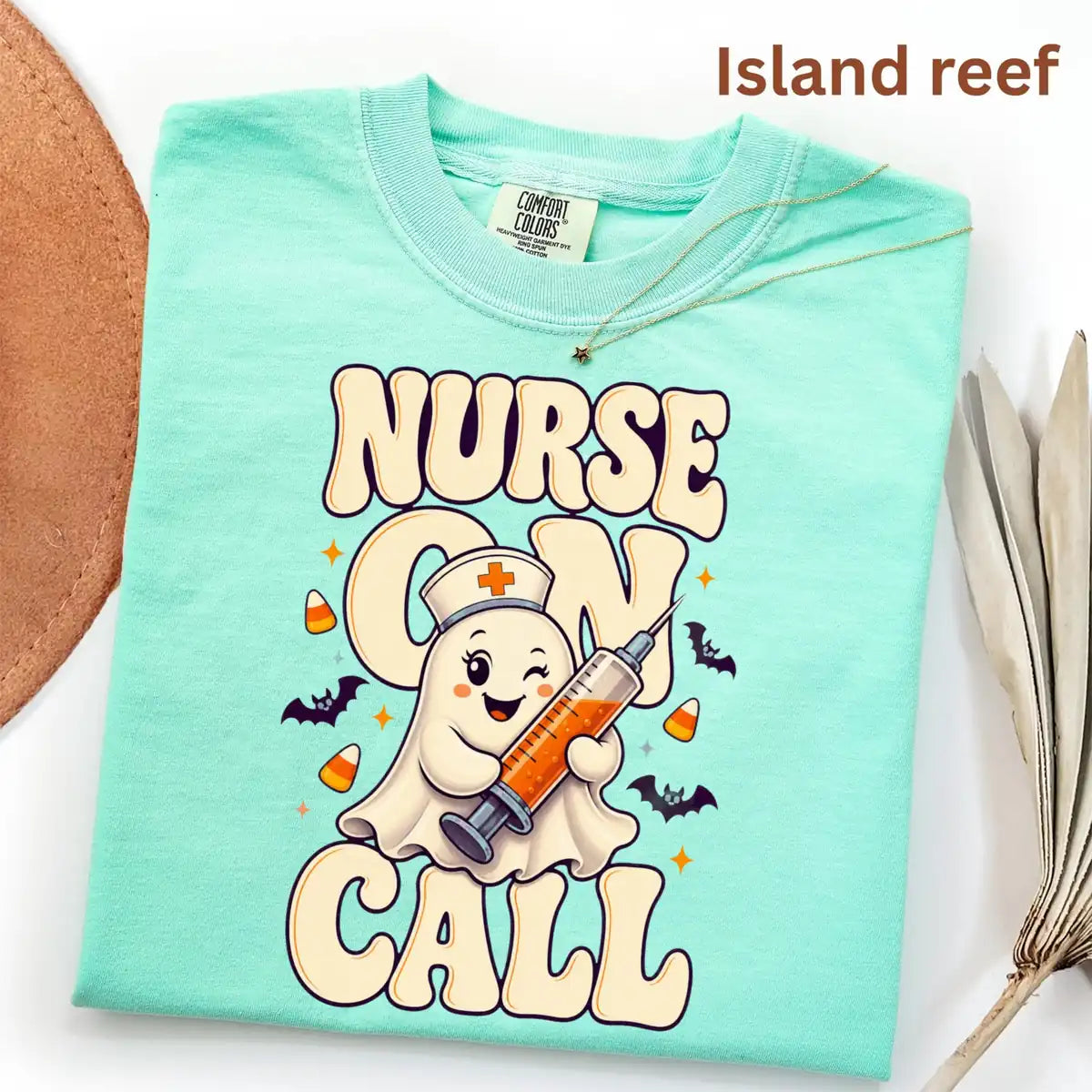 Chambray Comfort Colors T-shirt with Nurse On Call Syringe Ghost - Medical Halloween Comfort Colors T-Shirt Halloween artwork