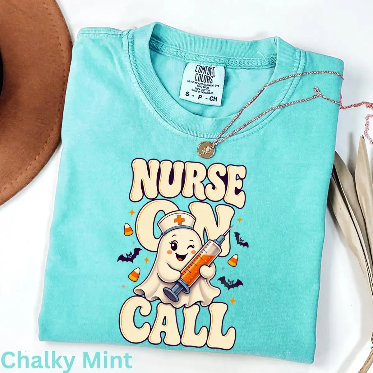 Blossom Comfort Colors T-shirt with Nurse On Call Syringe Ghost - Medical Halloween Comfort Colors T-Shirt Halloween artwork