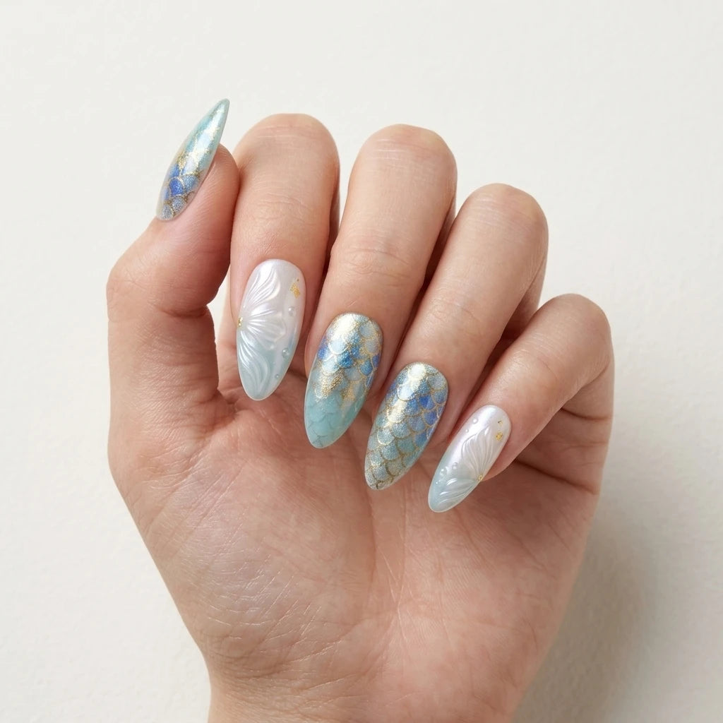 ocean blue pearl white 3d ombre almond press on nails mermaid scale seashell glitter detail 03