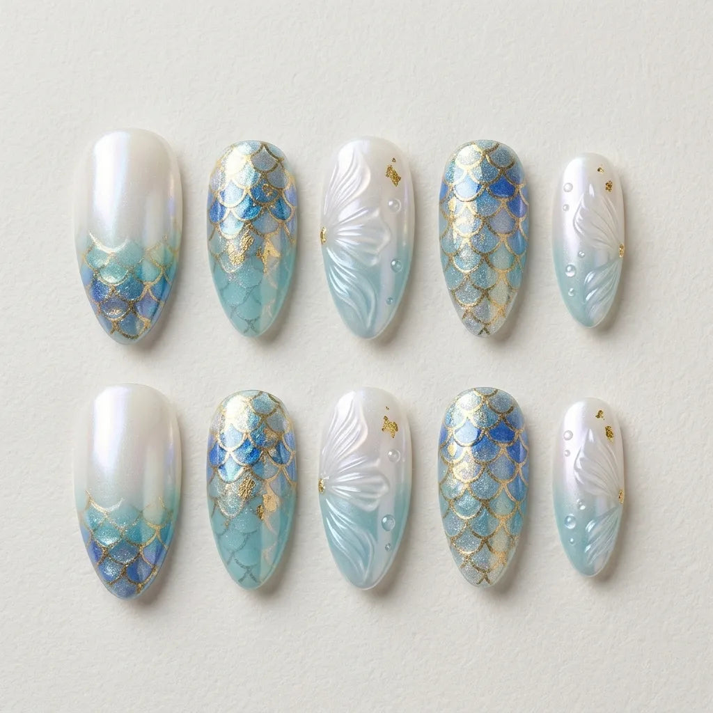 ocean blue pearl white 3d ombre almond press on nails mermaid scale seashell glitter flat lay 04