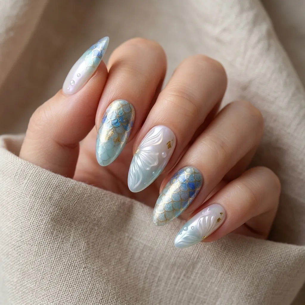 ocean blue pearl white 3d ombre almond press on nails mermaid scale seashell glitter lifestyle 02