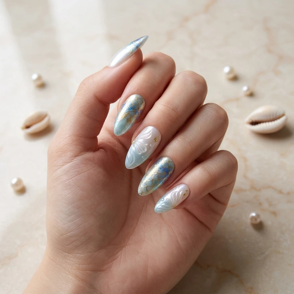 ocean blue pearl white 3d ombre almond press on nails mermaid scale seashell glitter mockup 01