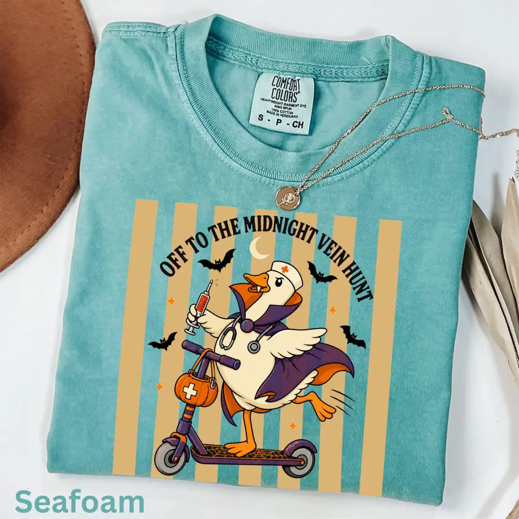 Blossom Comfort Colors T-shirt with Off To The Midnight Vein Hunt Nurse Goose - Scooter Halloween Comfort Colors T-Shirt Halloween artwork