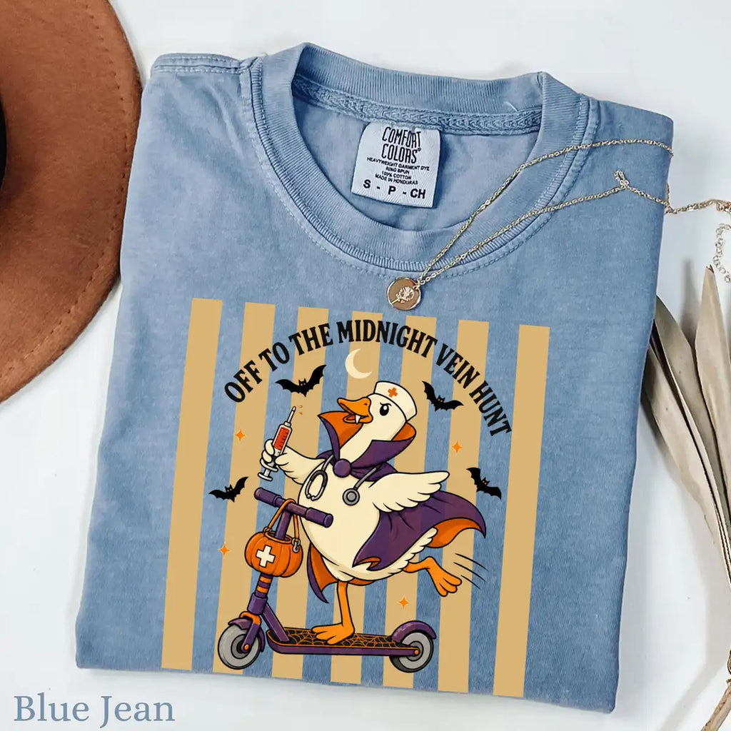 Chalky Mint Comfort Colors T-shirt with Off To The Midnight Vein Hunt Nurse Goose - Scooter Halloween Comfort Colors T-Shirt Halloween artwork