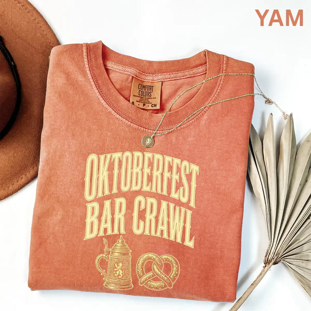 Woman wearing Espresso Oktoberfest Bar Crawl - Beer Festival Halloween Comfort Colors T-Shirt