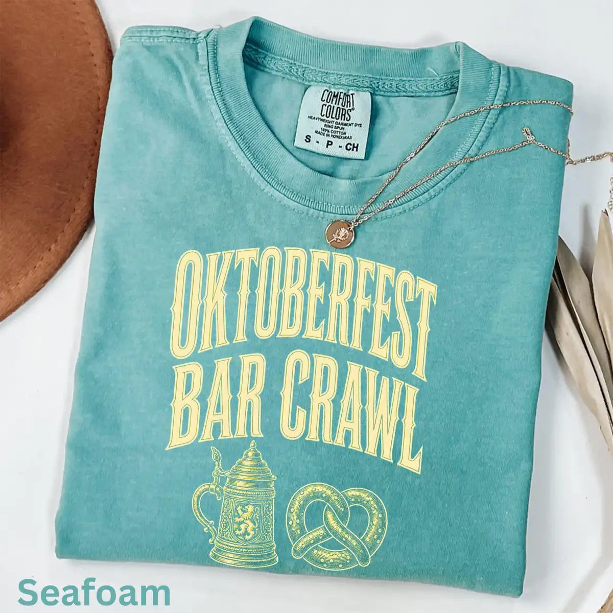 Woman wearing Pepper Oktoberfest Bar Crawl - Beer Festival Halloween Comfort Colors T-Shirt