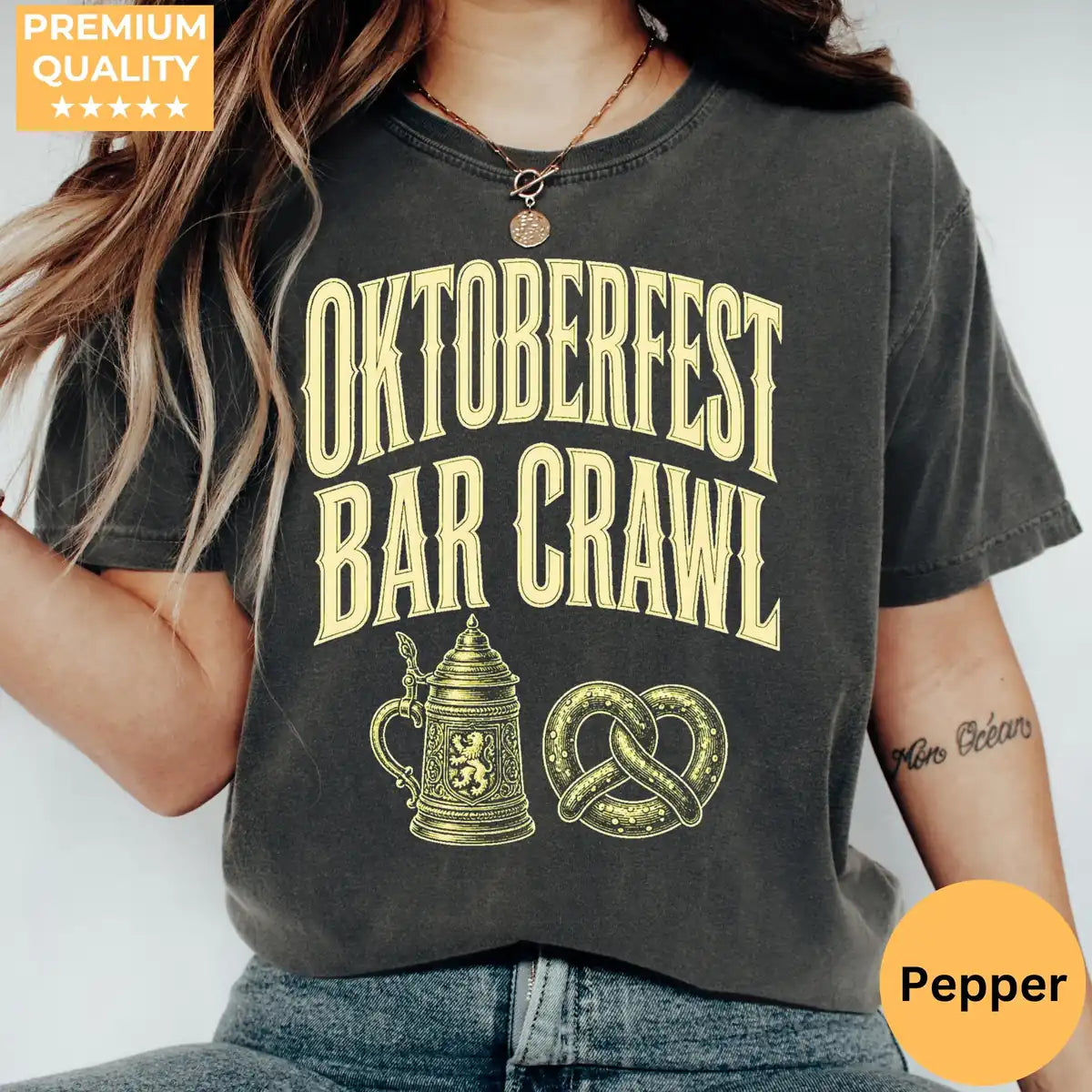 Woman wearing Yam Oktoberfest Bar Crawl - Beer Festival Halloween Comfort Colors T-Shirt