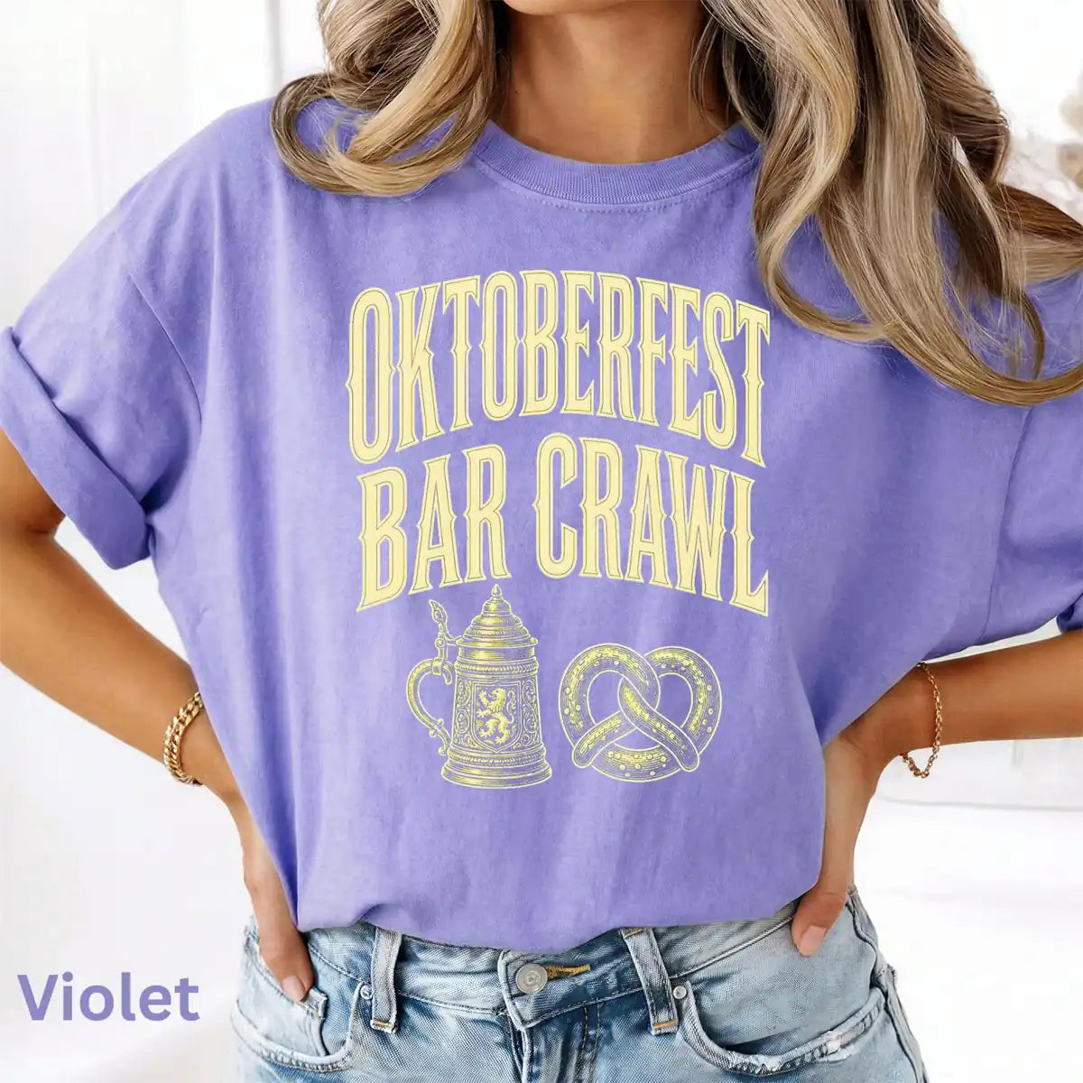 Blue Comfort Colors T-shirt mockup showing Oktoberfest Bar Crawl Halloween design