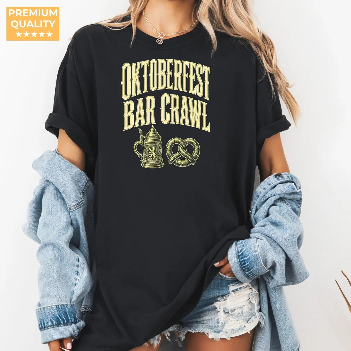 Black Comfort Colors T-shirt mockup showing Oktoberfest Bar Crawl Halloween design
