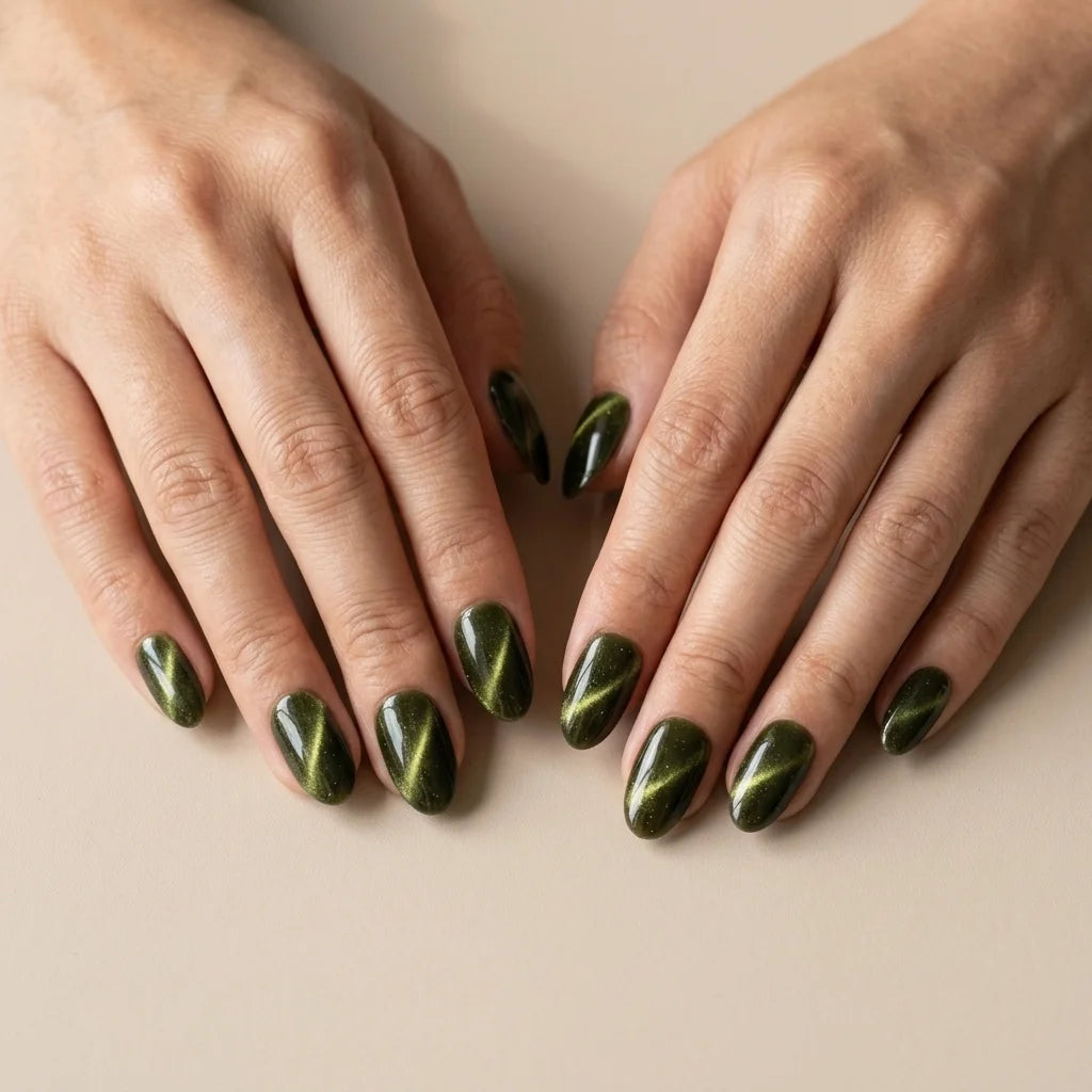 olive green cat eye almond press on nails velvet finish flat lay 04