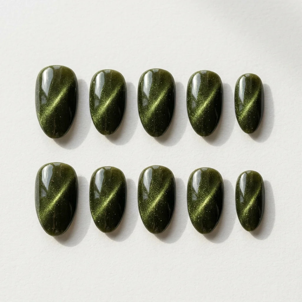 olive green cat eye almond press on nails velvet finish lifestyle 02