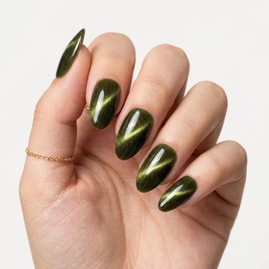 olive green cat eye almond press on nails velvet finish lifestyle 03