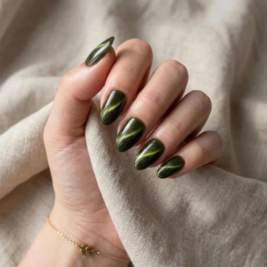 olive green cat eye almond press on nails velvet finish mockup 01