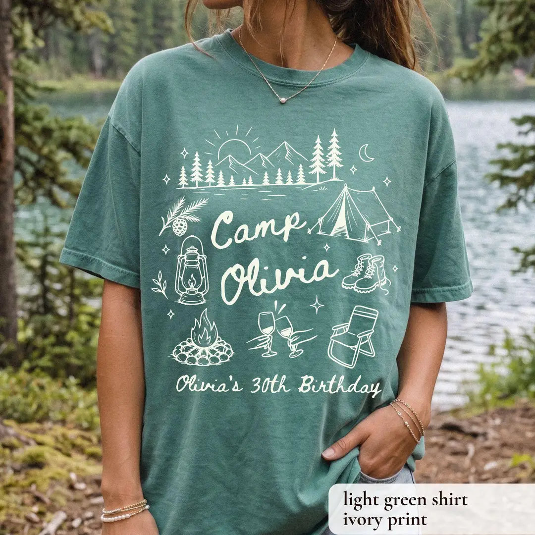 One Happy Camper Birthday graphic Comfort Colors T-shirt, additional product photograph.