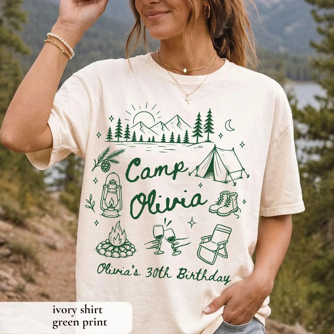 One Happy Camper Birthday graphic Comfort Colors T-shirt, additional product photograph.
