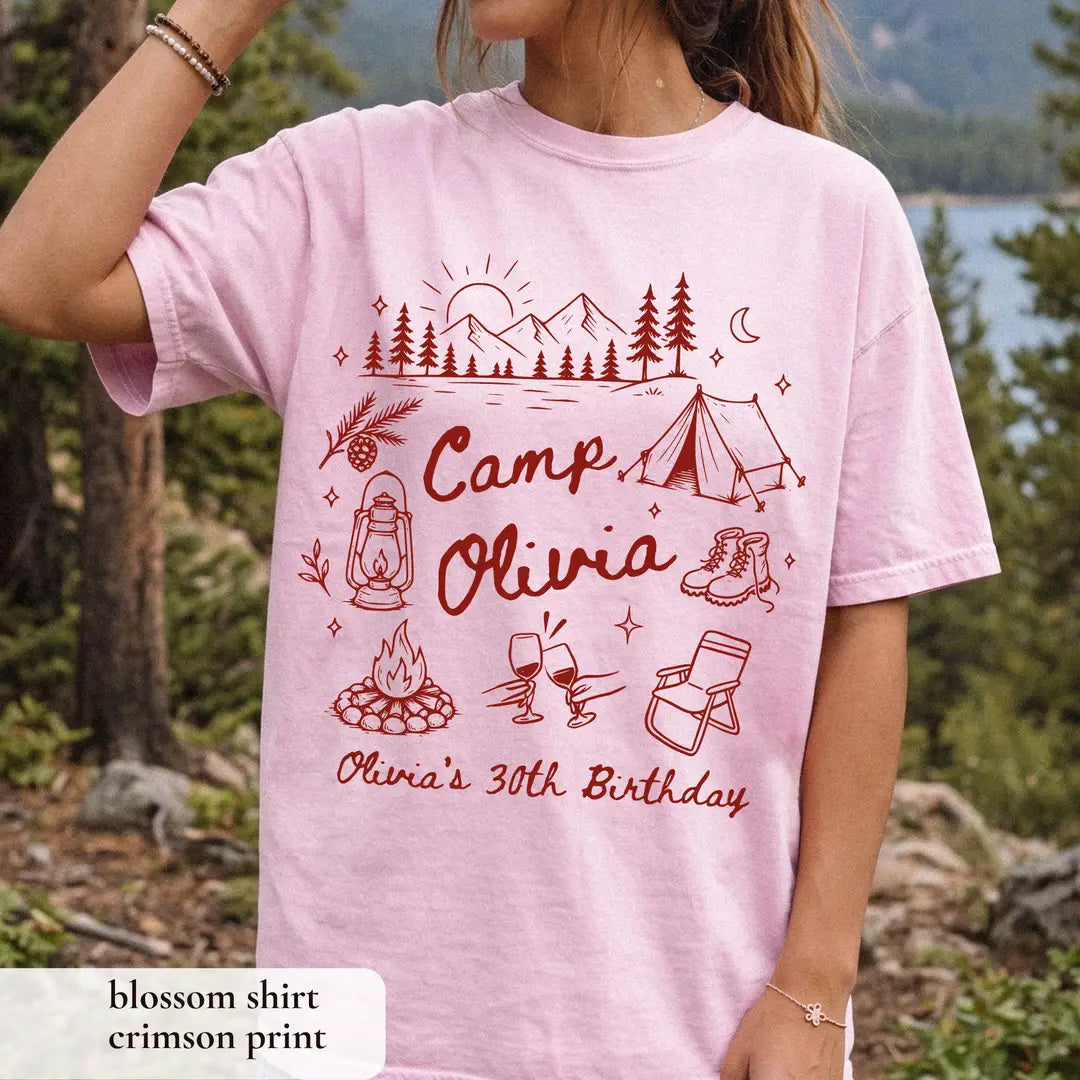 One Happy Camper Birthday graphic Comfort Colors T-shirt in Blossom, additional product photograph.