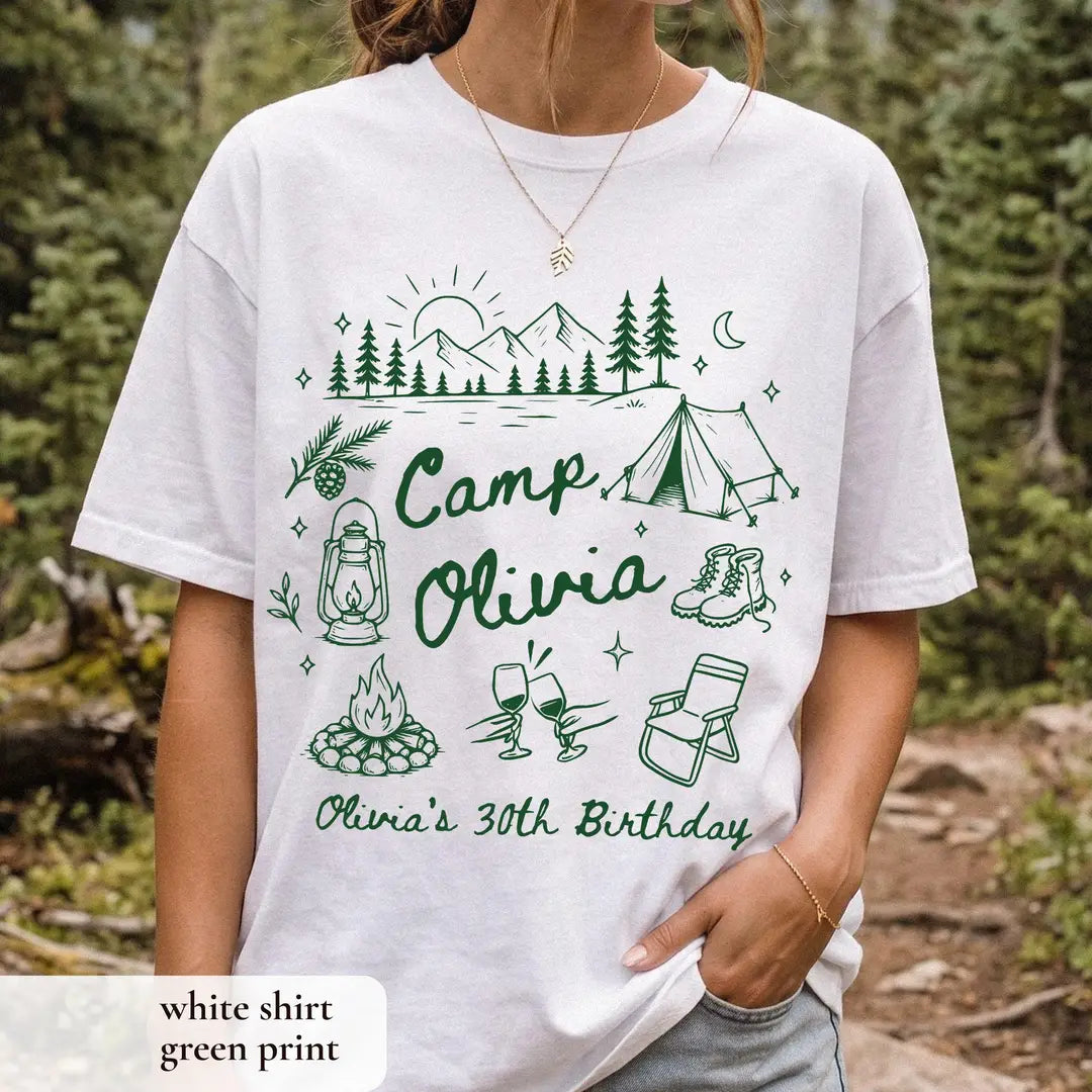 One Happy Camper Birthday graphic Comfort Colors T-shirt in White, additional product photograph.