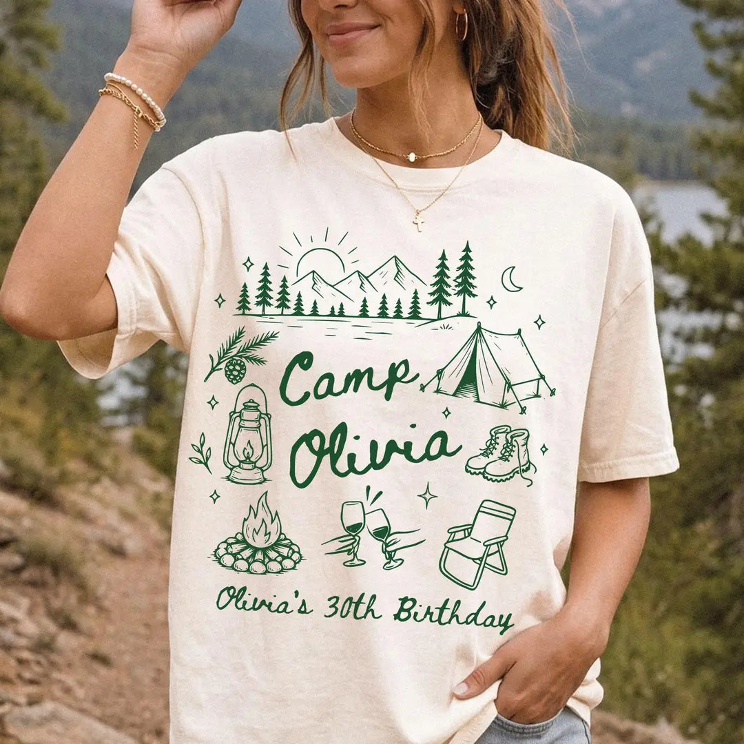 Comfort Colors T-shirt with One Happy Camper Birthday celebration design, featured shirt mockup.