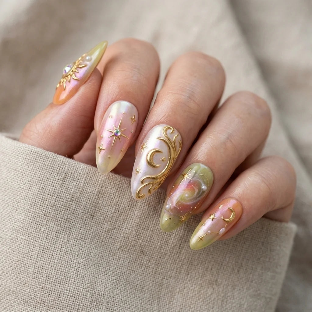 orange aura almond medium press on nails celestial detail 01