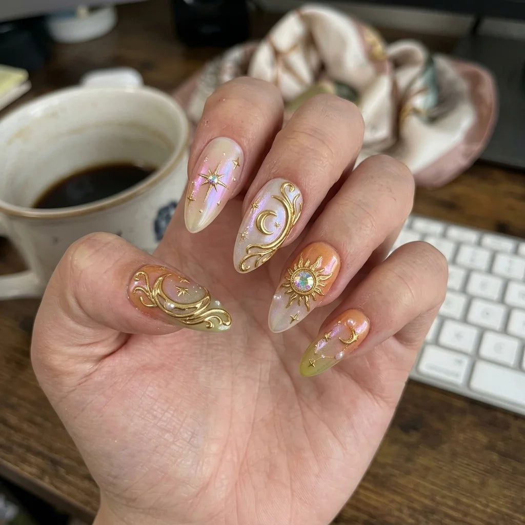 orange aura almond medium press on nails celestial flat lay 01
