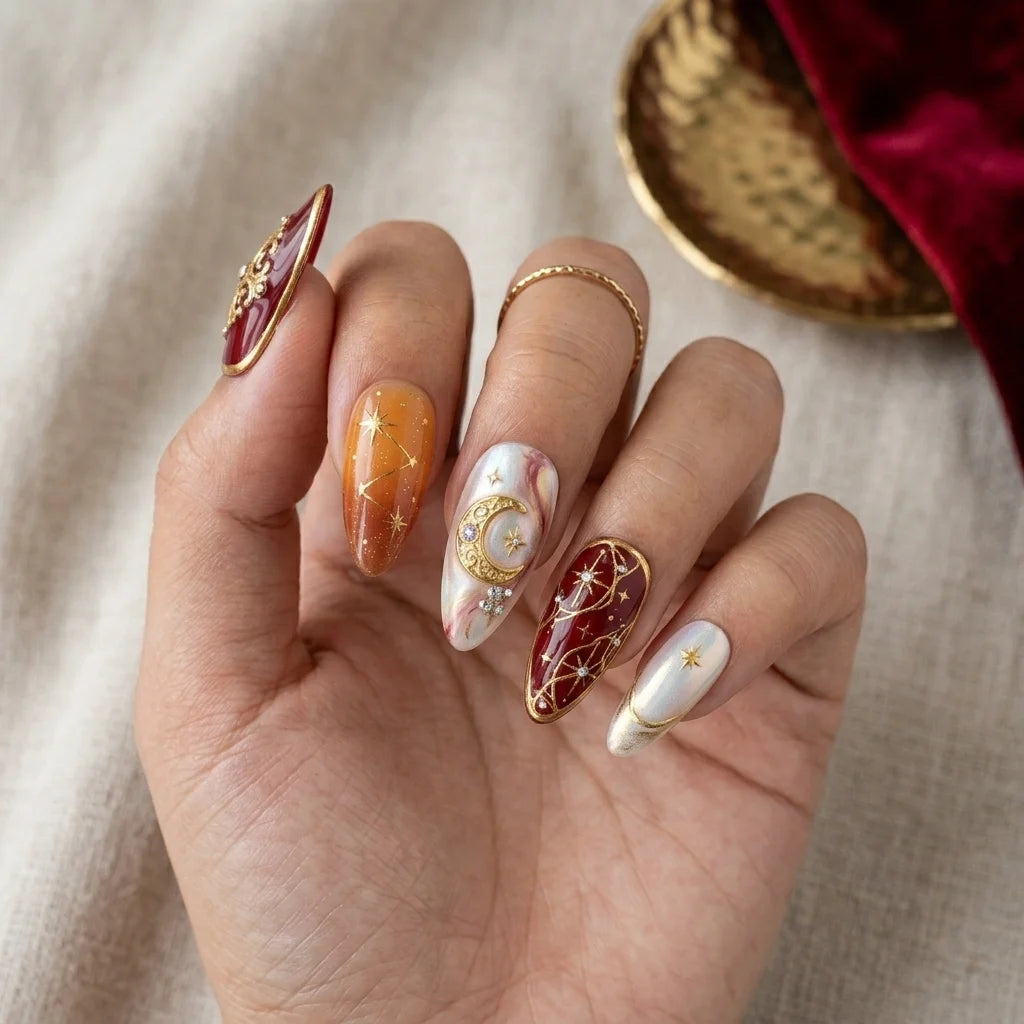 orange aura almond medium press on nails constellation detail 01