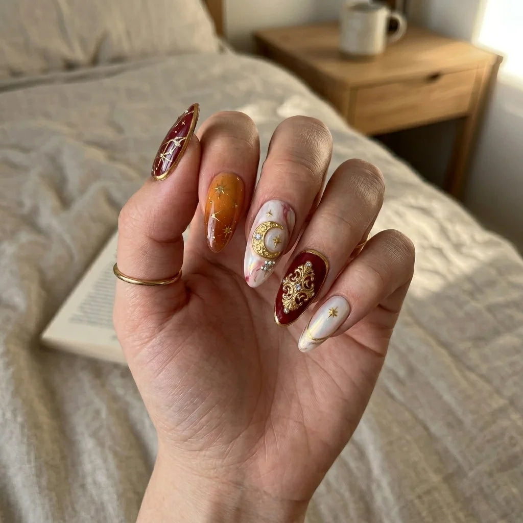 orange aura almond medium press on nails constellation detail 02