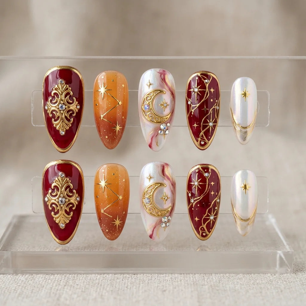 orange aura almond medium press on nails constellation flat lay 01