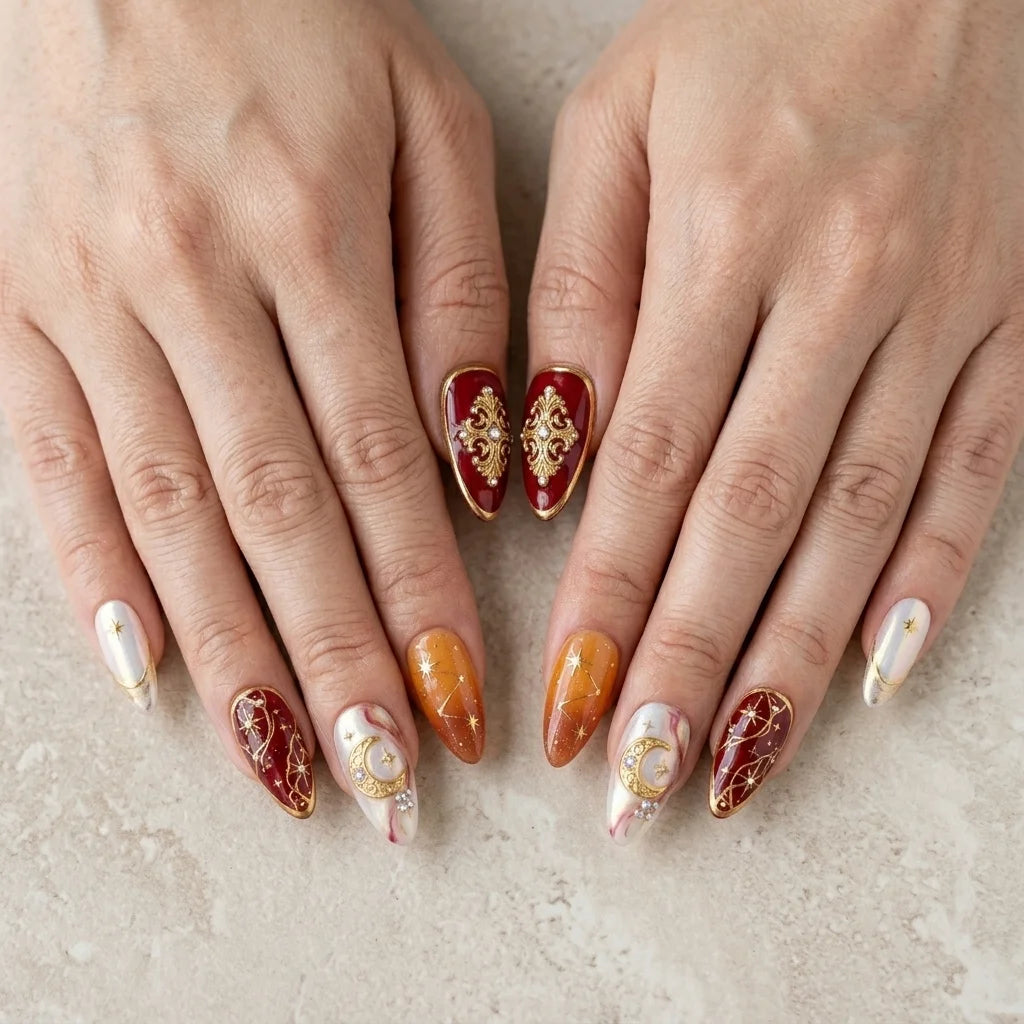 orange aura almond medium press on nails constellation mockup 01