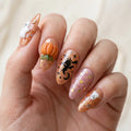 orange halloween 3d hand painted almond press on nails glitter pumpkin ghost lifestyle 02