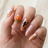 orange halloween 3d hand painted almond press on nails glitter pumpkin ghost lifestyle 02