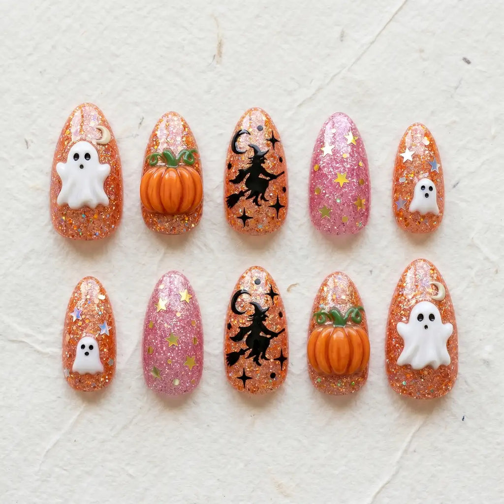 orange halloween 3d hand painted almond press on nails glitter pumpkin ghost mockup 01