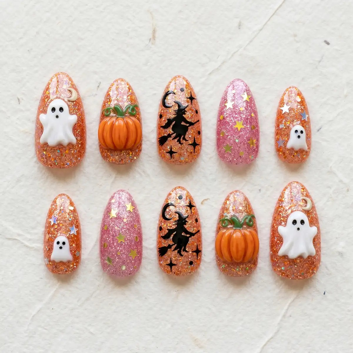 orange halloween 3d hand painted almond press on nails glitter pumpkin ghost mockup 01