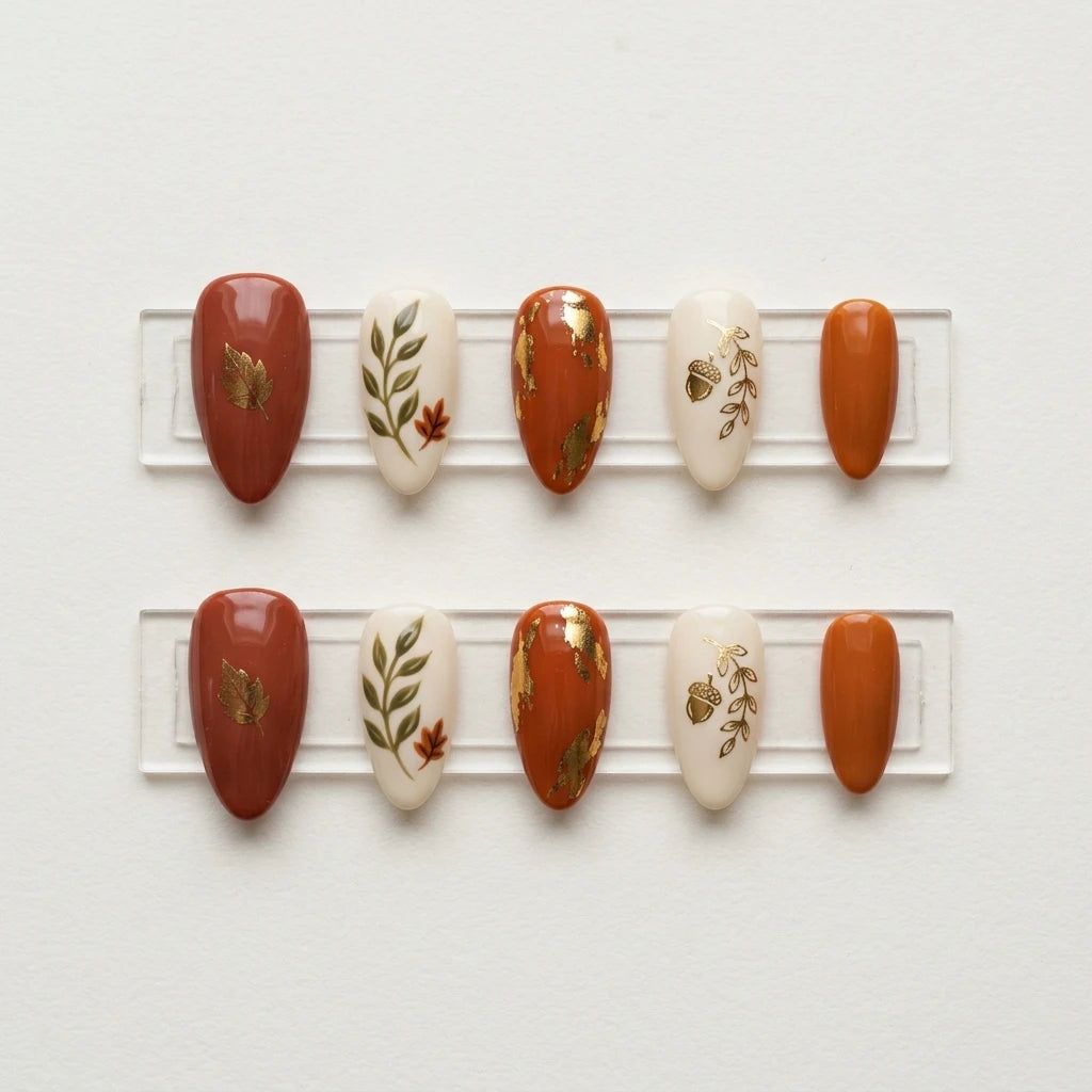 orange ivory hand painted fall almond press on nails leaf gold foil lifestyle 02