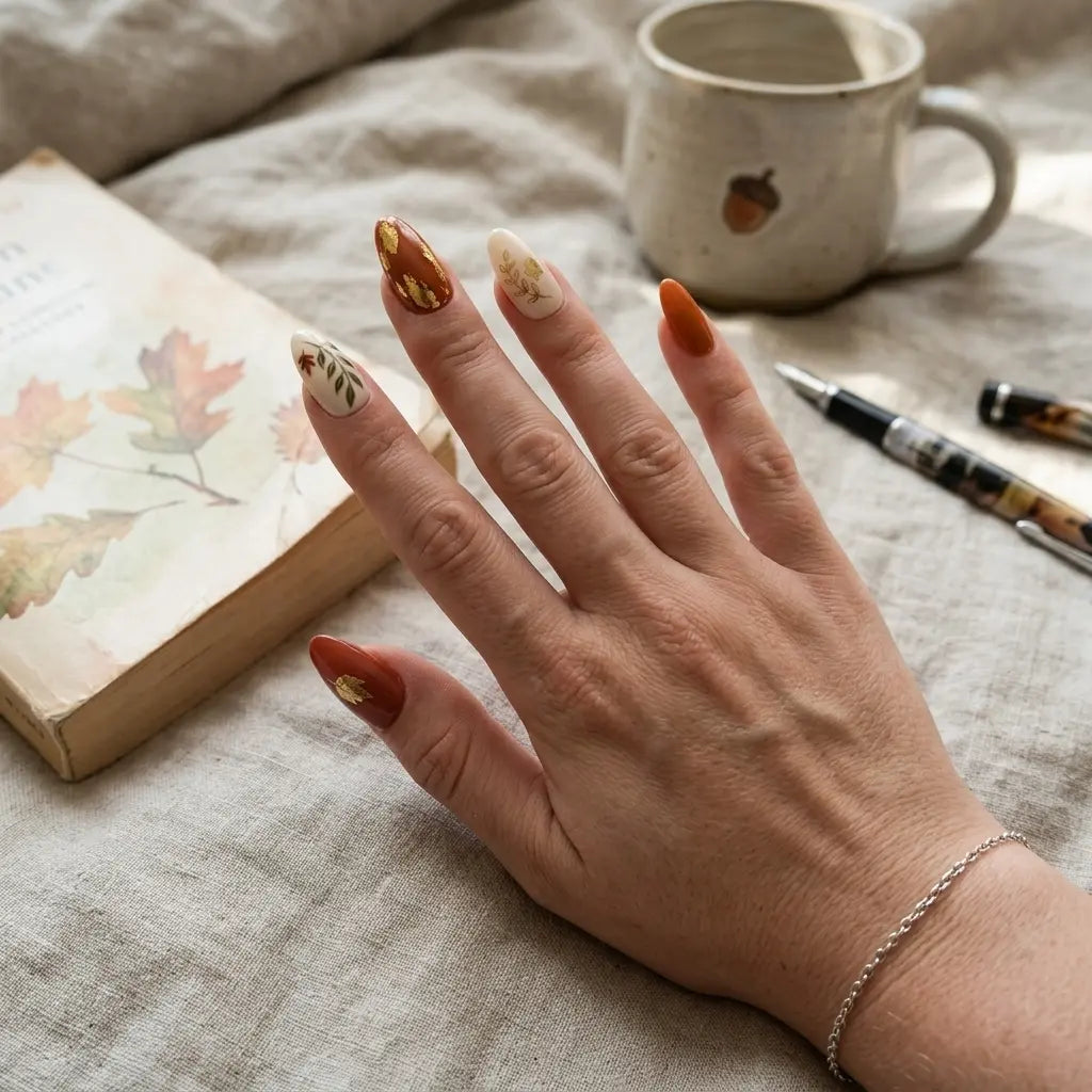 orange ivory hand painted fall almond press on nails leaf gold foil mockup 01