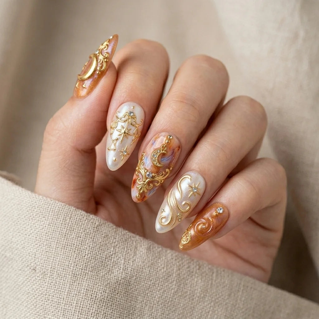orange marbled almond medium press on nails celestial flat lay 01