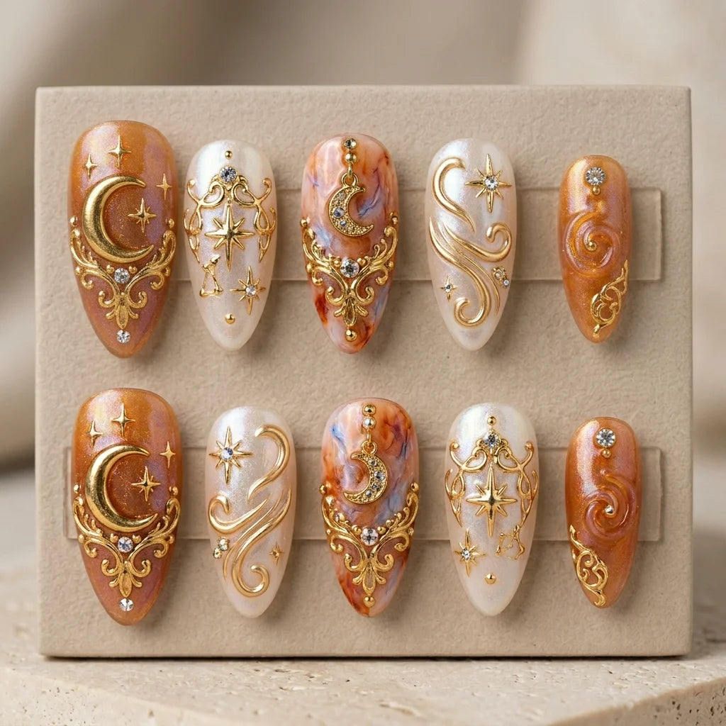 orange marbled almond medium press on nails celestial mockup 01
