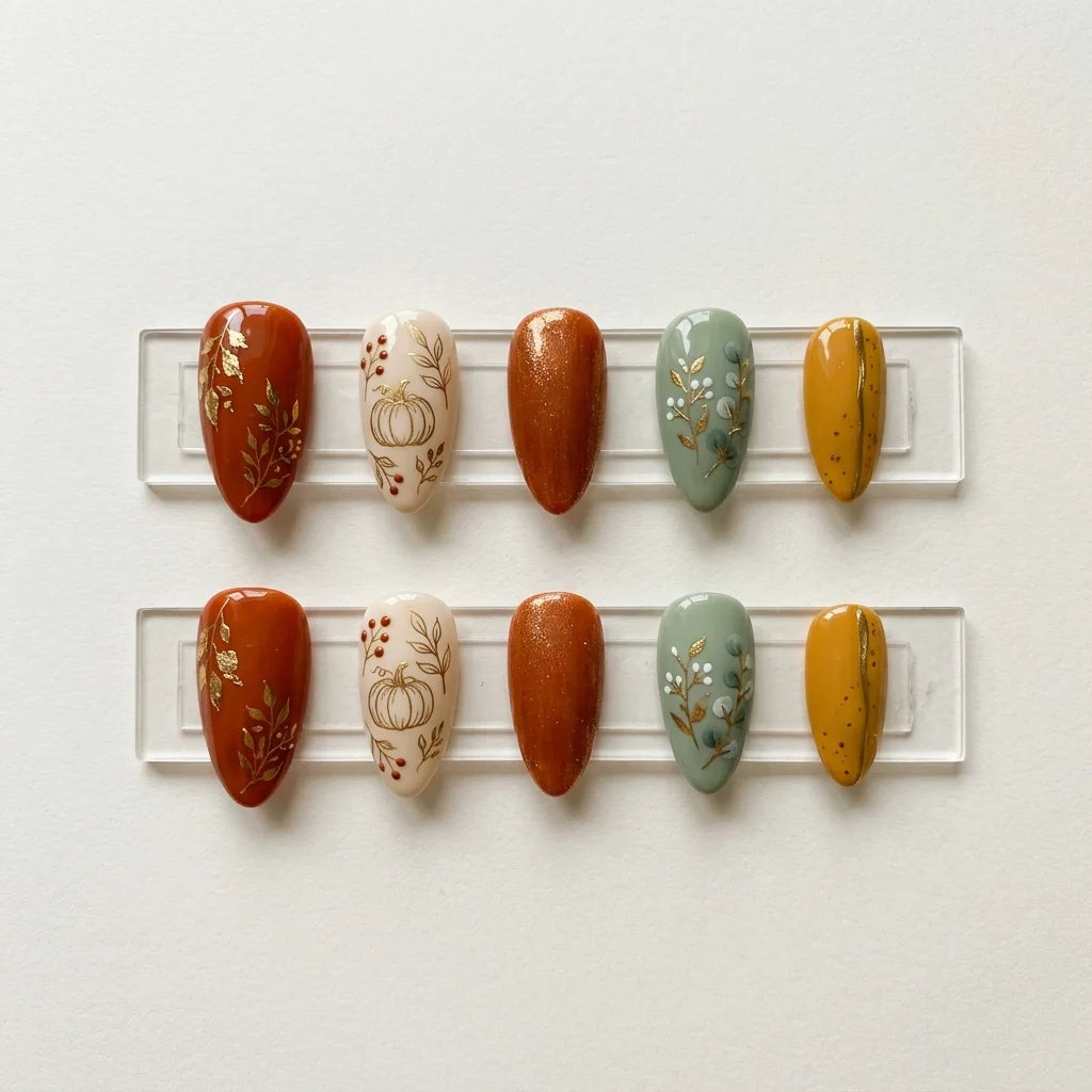 orange mustard green hand painted fall almond press on nails pumpkin leaf branch flat lay 04