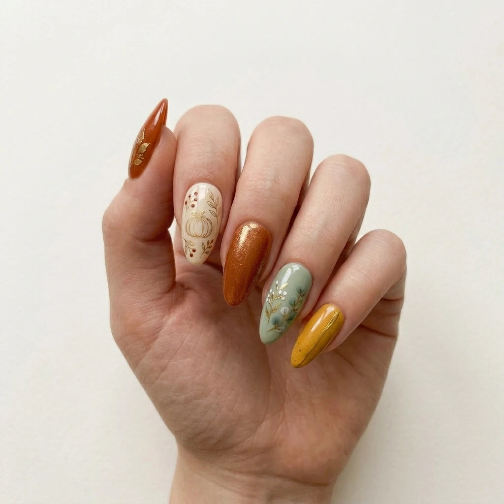 orange mustard green hand painted fall almond press on nails pumpkin leaf branch lifestyle 02