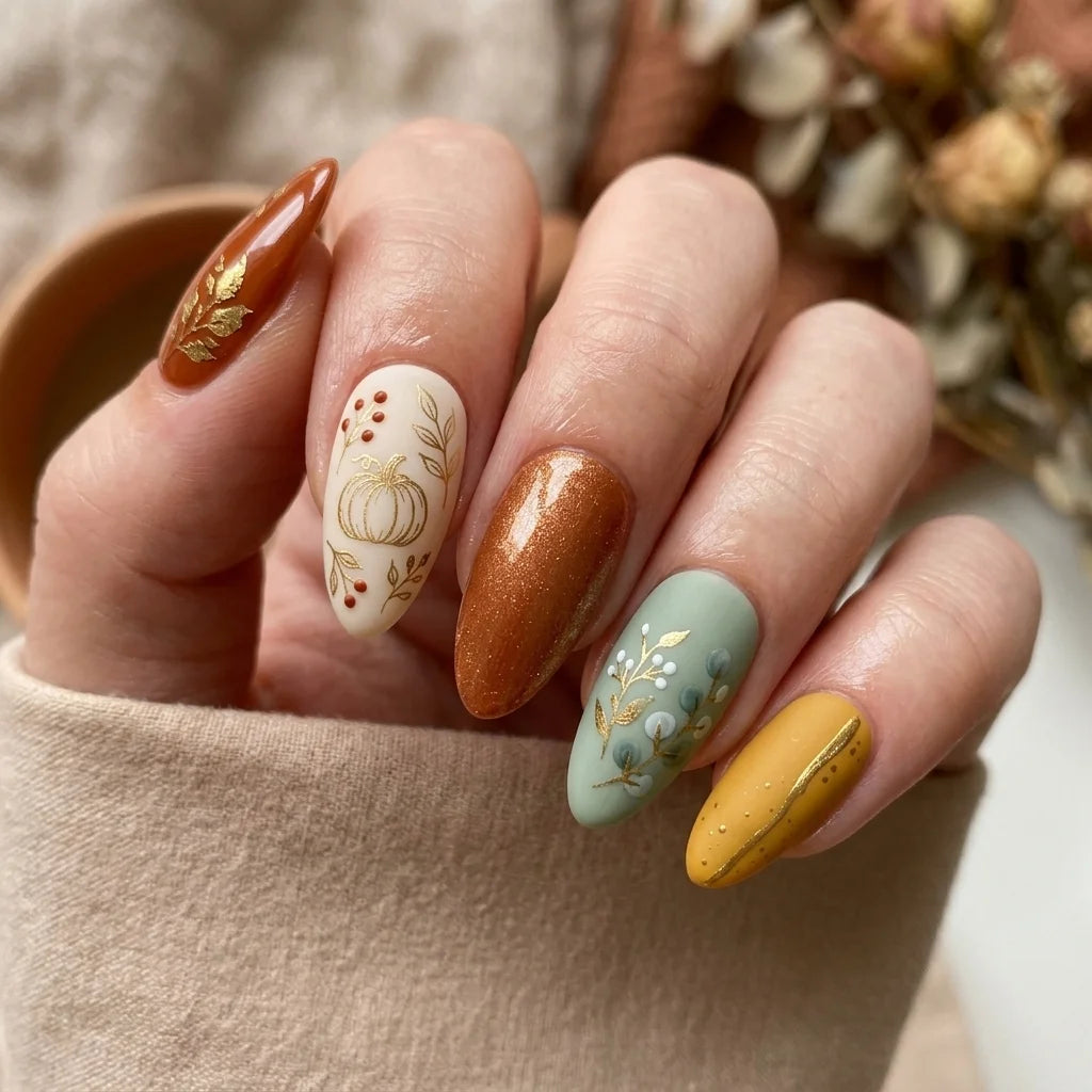orange mustard green hand painted fall almond press on nails pumpkin leaf branch lifestyle 03