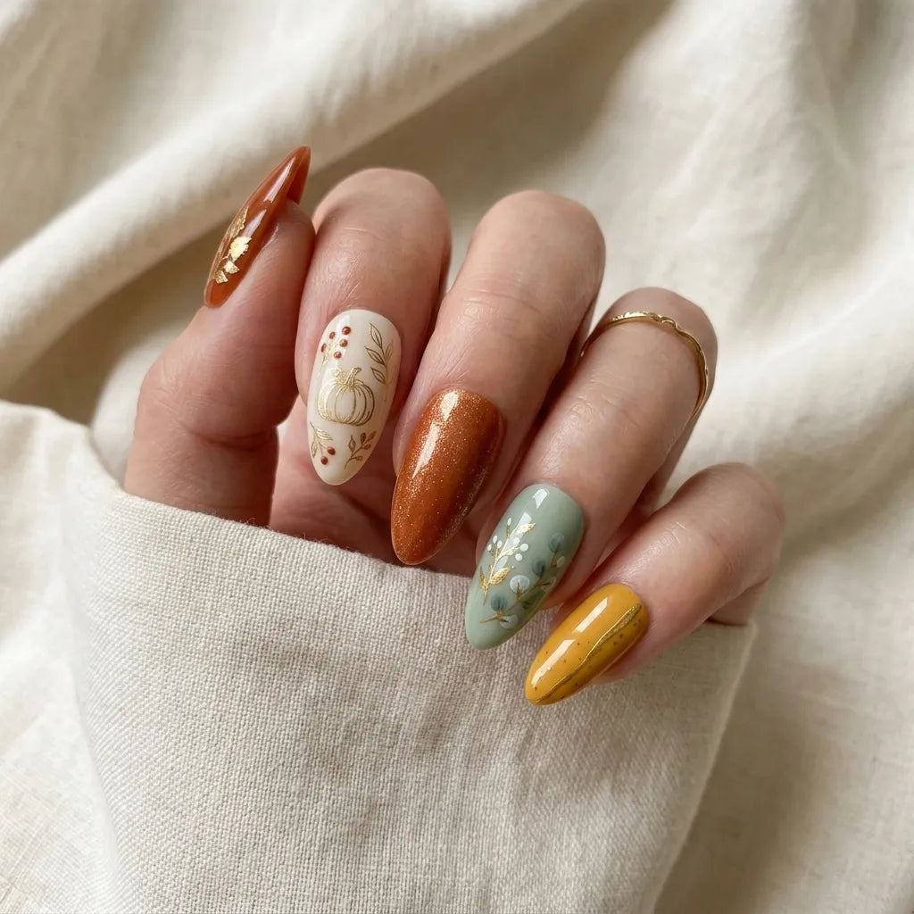orange mustard green hand painted fall almond press on nails pumpkin leaf branch mockup 01