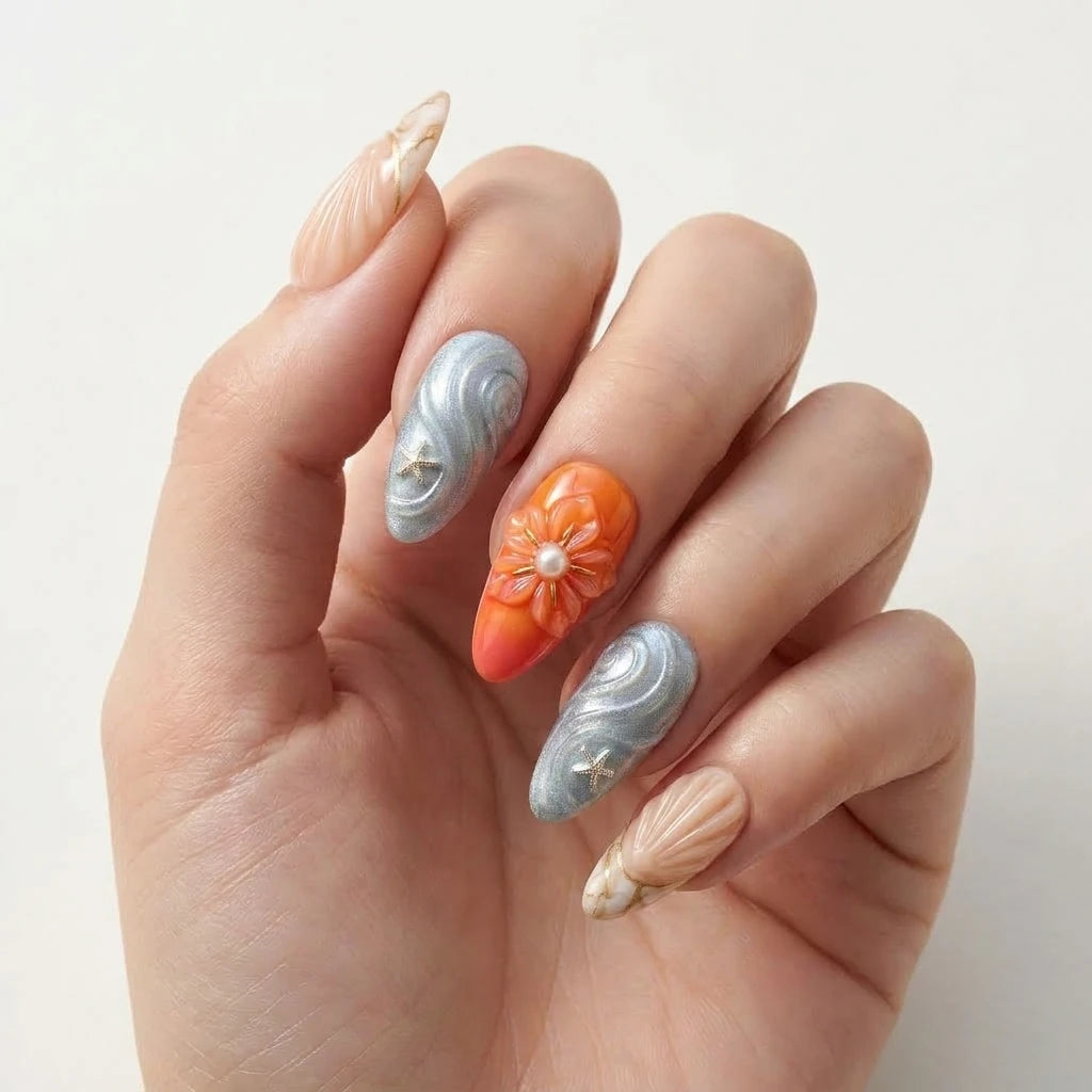 orange nude 3d french tip almond press on nails seashell starfish glitter flat lay 01