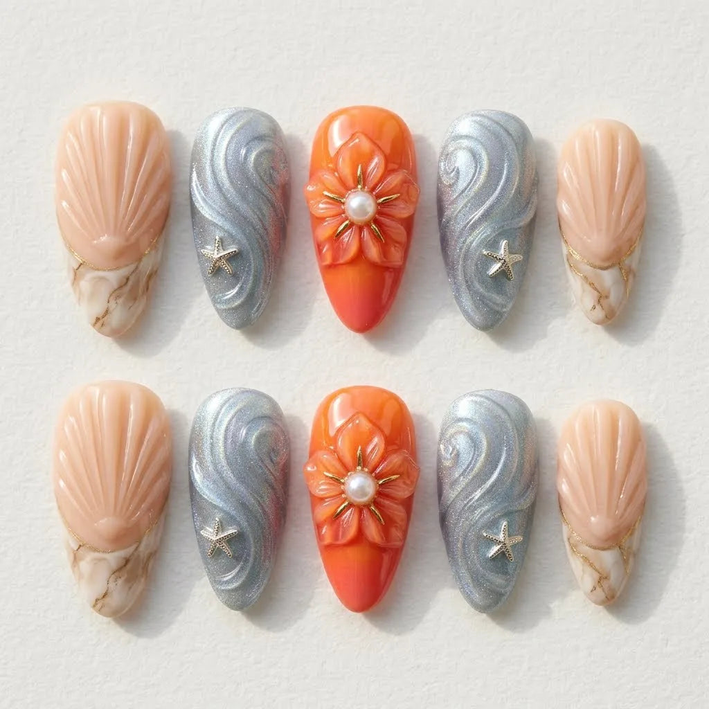 orange nude 3d french tip almond press on nails seashell starfish glitter lifestyle 01