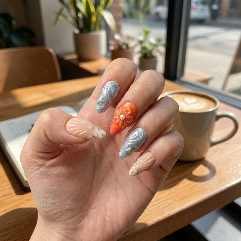 orange nude 3d french tip almond press on nails seashell starfish glitter mockup 01