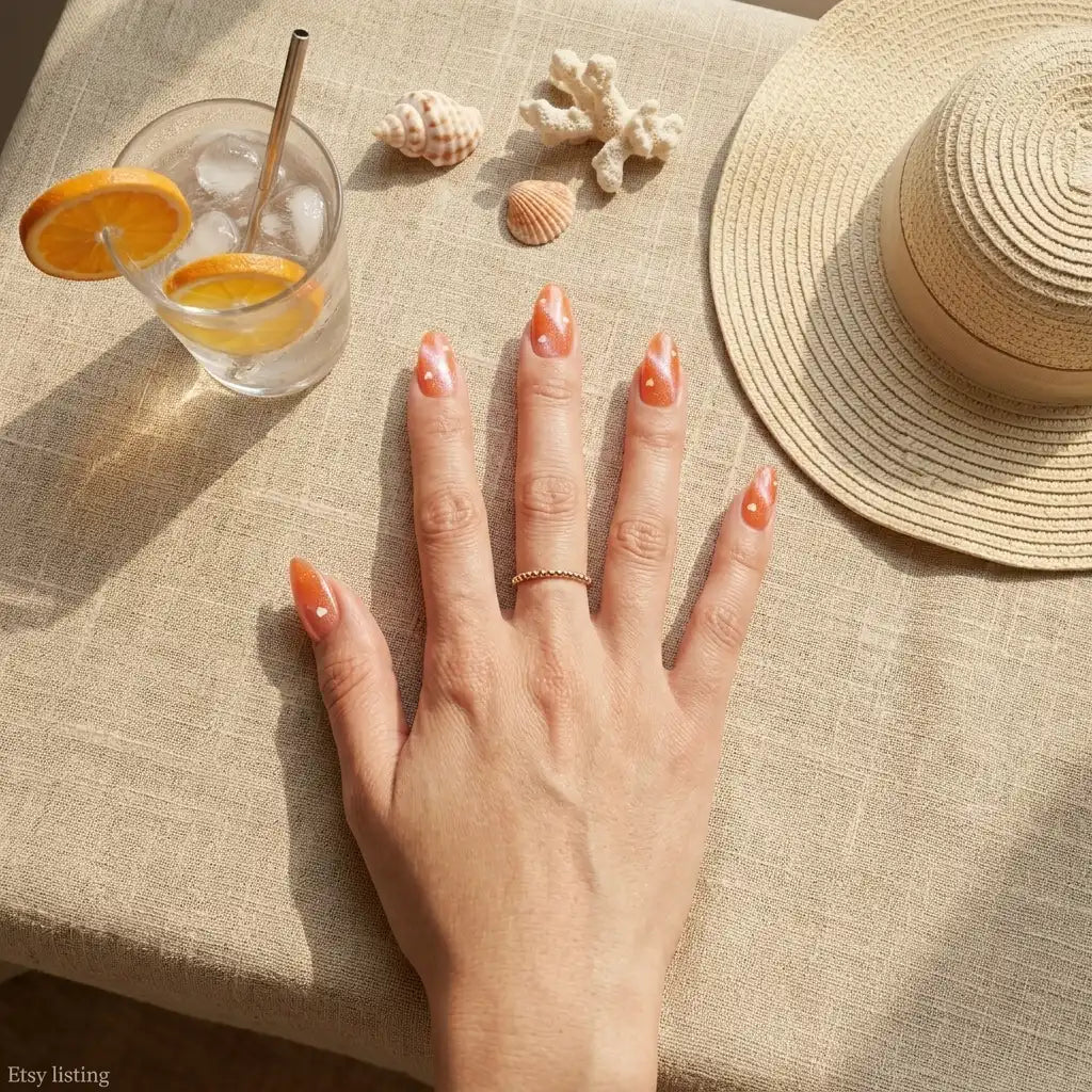 orange nude ombre almond press on nails white heart detail 01