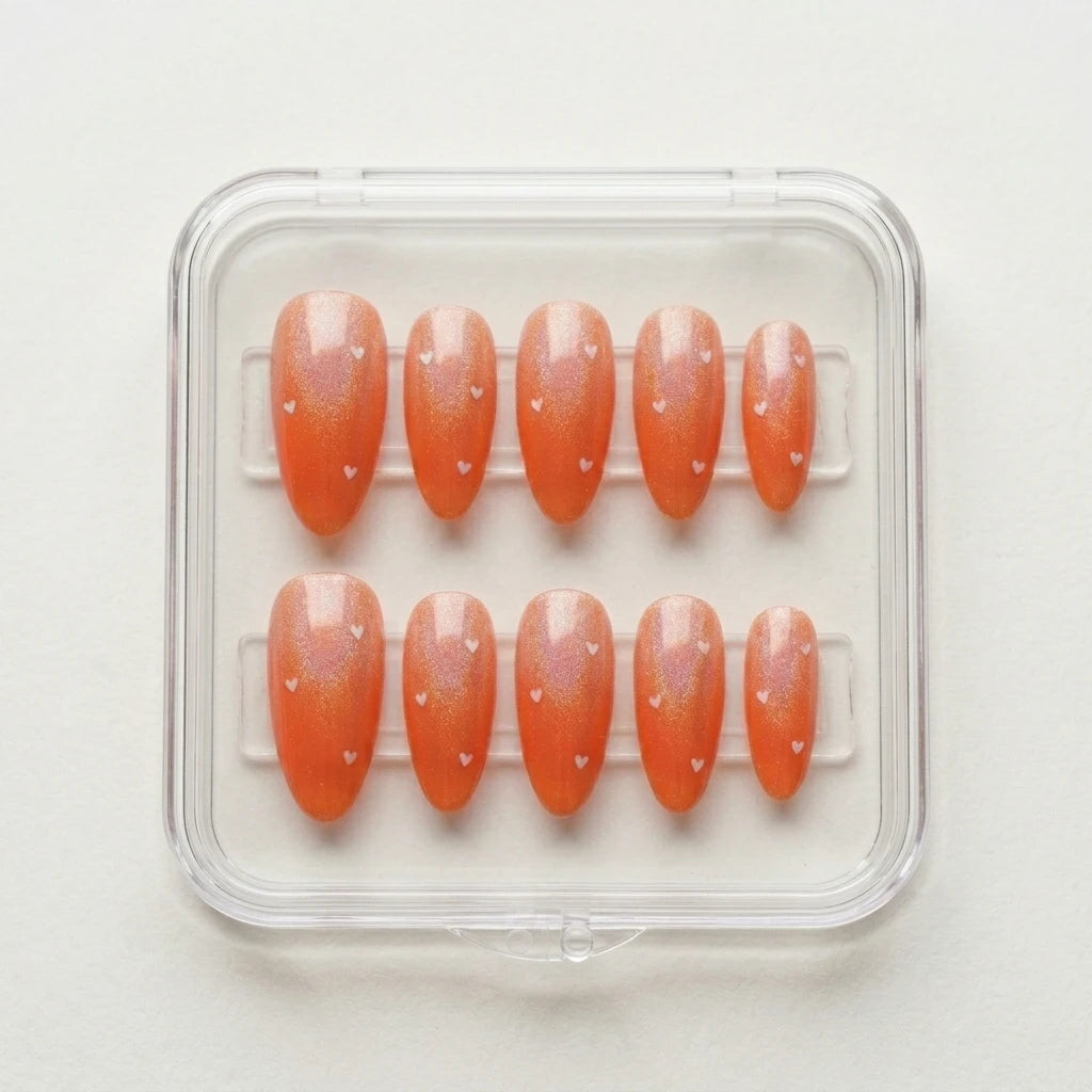 orange nude ombre almond press on nails white heart detail 02